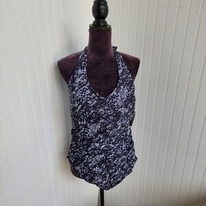NWT NOON SWIM Women's Ruched Halter 1 Piece Swimming Suit Black White Sz 18